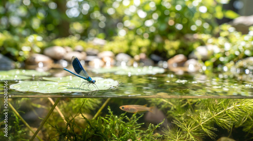 A beautiful male beautiful demoiselle damselfly resting on a lily pad and a small killifish swimming underwater in a biotope pond