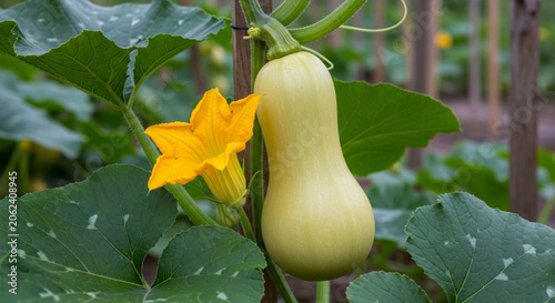 Green squash growing on vine with yellow flower