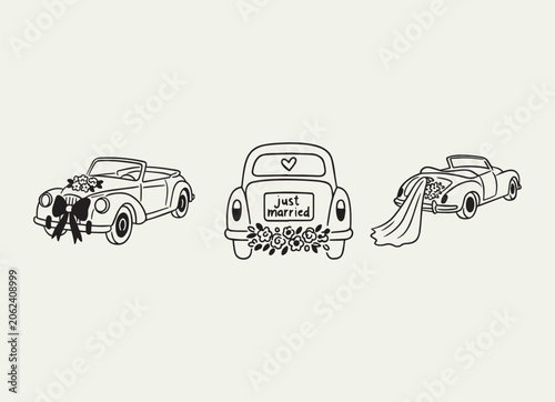 Hand Drawn Just Married Wedding Car Illustration – Whimsical Wedding Getaway Vehicle with Romantic Decorations, Floral Accents and Celebration Doodle Style