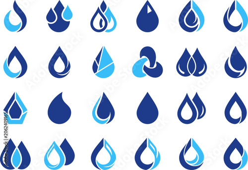Obraz na plátne Abstract water drop icons in various styles representing liquid and purity concepts