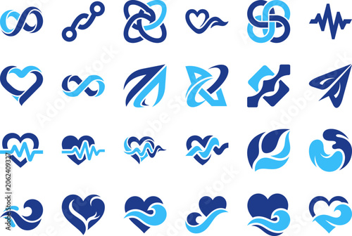 Collection of abstract heart and connection icons symbolizing love health and flow concepts.