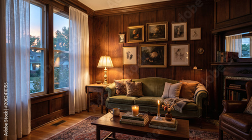 Cozy Traditional Living Room Interior With Warm Lighting And Wooden Wall Paneling