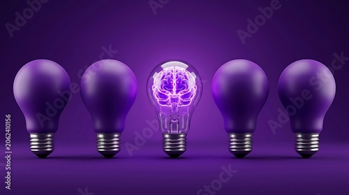 Glowing brain inside a clear light bulb standing out from a row of solid purple bulbs on a purple background, symbolizing a brilliant idea.