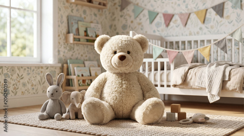 Cute Teddy Bear In Bright Scandinavian Nursery Room With Soft Plush Toys
