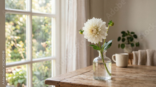 Single White Dahlia In Glass Vase On Rustic Wooden Table