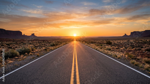 Endless Desert Highway at Sunrise with Dramatic Sky