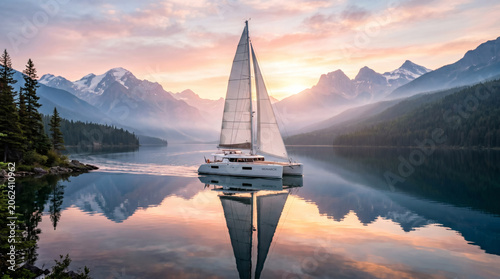 Luxury Catamaran Sailing on a Mirror Lake Surrounded by Majestic Mountains at Sunrise