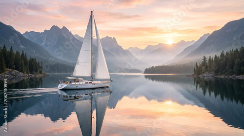 Luxury Sailboat Gliding Across a Mirror Lake at Sunrise Surrounded by Majestic Mountains