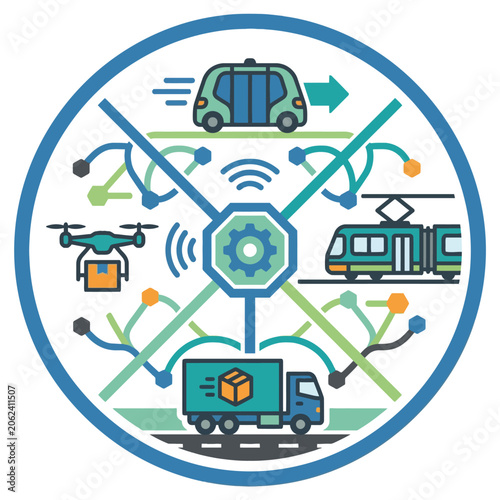 A circular icon showing various modern automated transportation systems