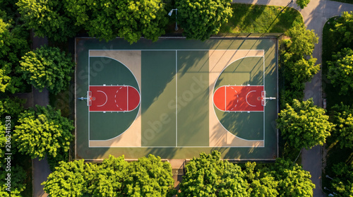 Aerial Top View of Outdoor Basketball Court Surrounded by Green Trees in Urban Park