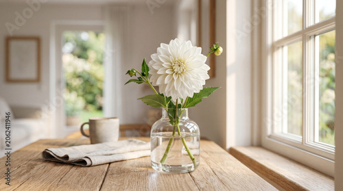Elegant White Dahlia In Glass Vase By Bright Window