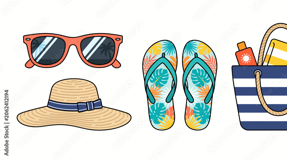 Naklejka premium Summer vacation beach accessories set with sunglasses hat flip flops and bag.