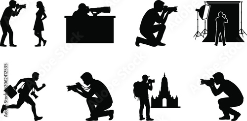 Tableau sur toile Set of professional photographer silhouettes in various working poses, studio an