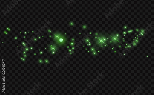 Green sparkle light trail with glowing starbursts and luminous particles isolated on transparent background.