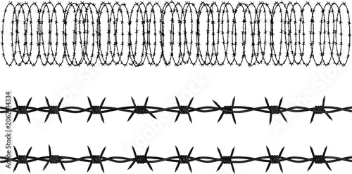 Foto Barbed wire fence collection featuring razor security barriers and protective bo