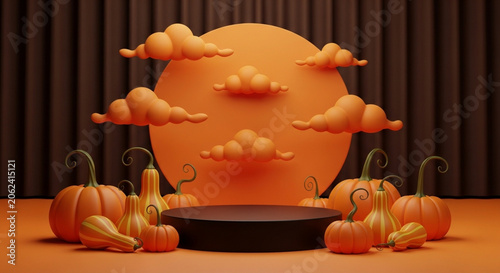 Halloween themed 3d illustration with pumpkins and orange moon