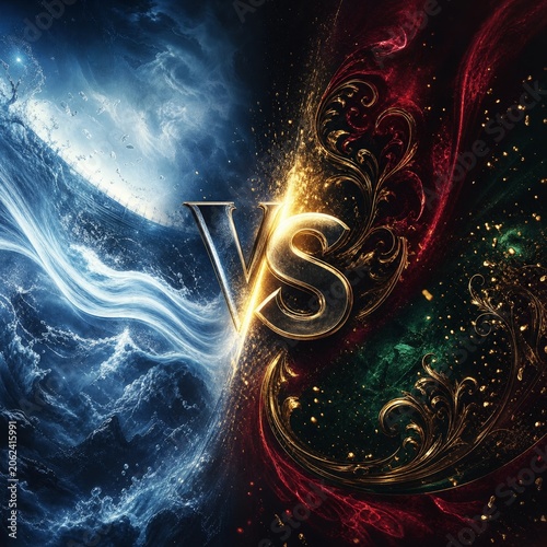 Luxury Water Versus Fire Fantasy Battle Background with Golden VS and Energy Effects