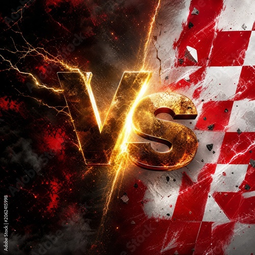 Golden VS Battle Concept with Red and White Checkered Flag and Lightning Effects