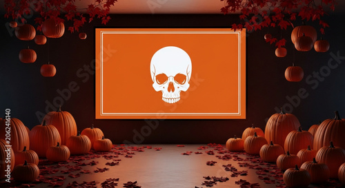 Halloween themed background with pumpkins and skull