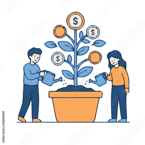 Quadro su tela Young Couple Watering Money Plant Tree with Growing Coins for Investment Wealth