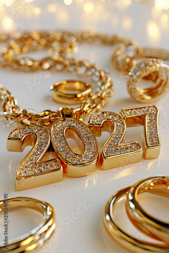 Golden 2027 Numbers Surrounded by Luxury Jewelry