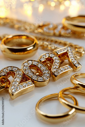 Golden 2027 Numbers Surrounded by Luxury Jewelry