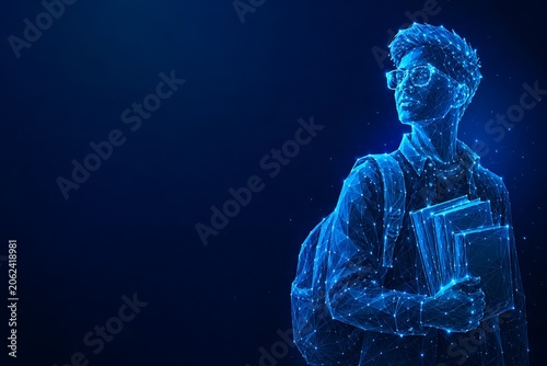 Student carrying books wireframe low poly digital art representation of academic success. back to school futuristic low poly education. back to school, futuristic low poly education