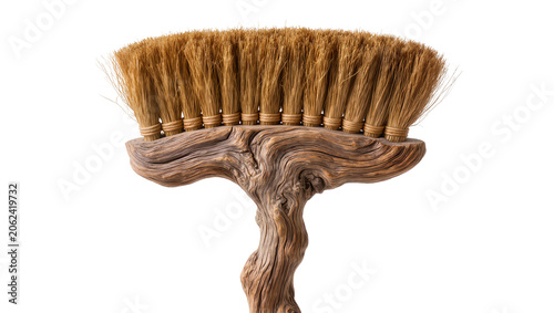 Rustic wooden brush with natural bristles, isolated on transparent background