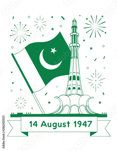 Pakistan Independence Day, green flag, crescent moon, Minar-e-Pakistan, 14 August 1947