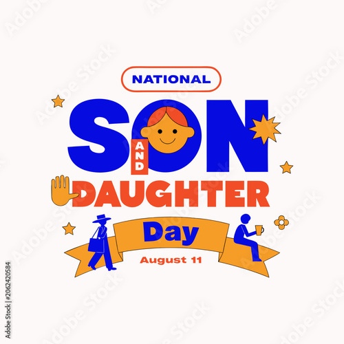 National Son and Daughter Day, family celebration, parent child love, August 11, vector illustration