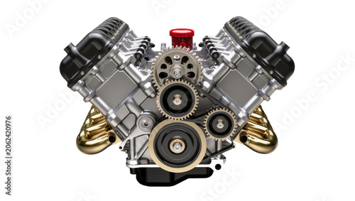 Detailed V8 engine with gold exhaust manifolds, isolated on transparent background
