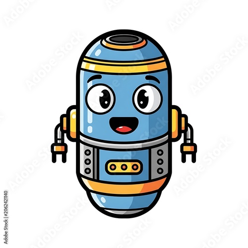 Cartoon robot vacuum cleaner with happy face.