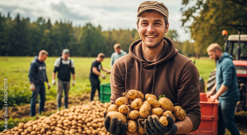 Smiling farmer holding freshly harvested potatoes in a field