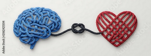 Interconnected Brain and Heart Symbols Made of Rope, Tied Together by a Knot, Representing Logic and Emotion Balance