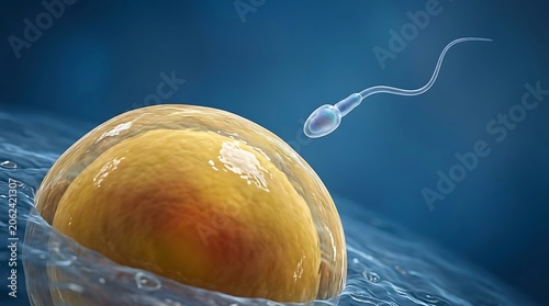 Sperm approaching an egg cell in fluid, representing fertilization and the beginning of life with scientific accuracy.