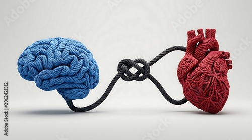 Symbolic representation of interconnected brain and heart, representing the vital connection between logic and emotion, mind and body, thought and feeling.