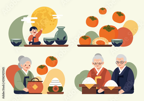 Cuadro en lienzo Korean Chuseok Thanksgiving Illustration Set with Hanbok, Persimmons, and Full M