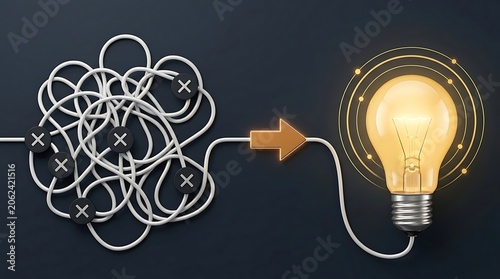 Tangled messy cable with 'X' marks transforming into a bright illuminated light bulb representing idea generation and problem solving