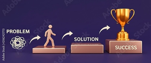 Symbolic progression from problem to solution and ultimate success, illustrated by a figure walking towards a golden trophy.