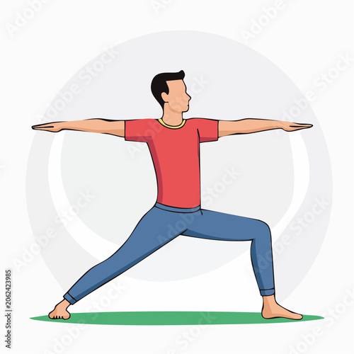 Man practicing Warrior II yoga pose illustration