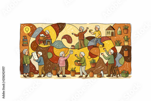 Colorful Folk Art Village Bazaar Scene.