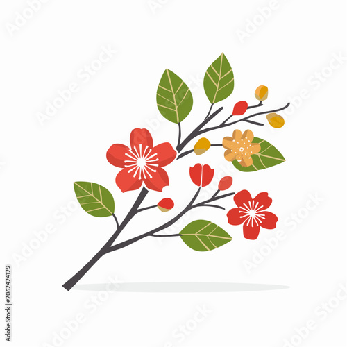 Stylized Branch with Red and Orange Flowers and Green Leaves