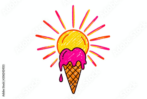 Colorful Ice Cream Cone With Sunburst Rays.