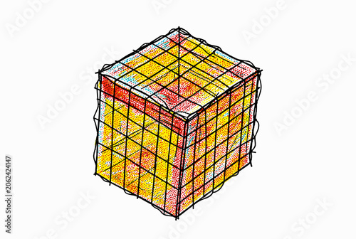 Colorful Hand Drawn Geometric Cube Sketch.