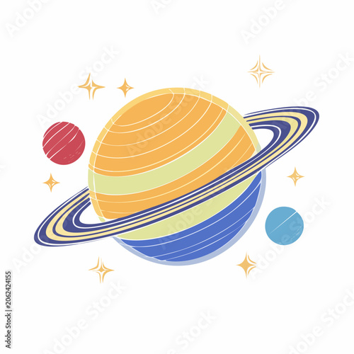 Stylized Planet with Rings and Moons