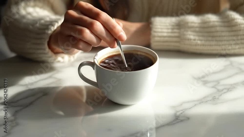 Person Stirring Coffee in White Cup in Cozy Kitchen