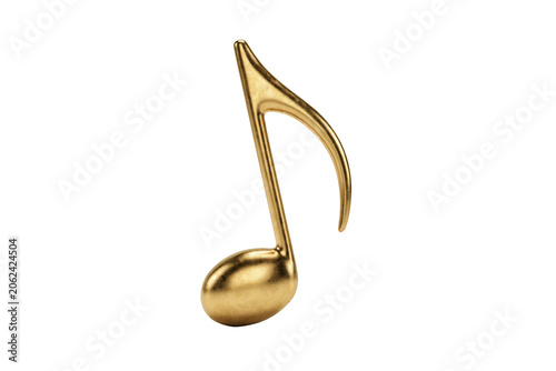A single shiny metallic gold musical note symbol representing melody and rhythm for musical concepts isolated on a transparent background