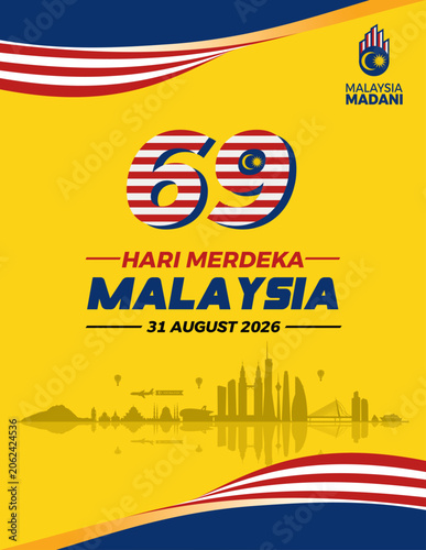 Photography Modern 69th Hari Merdeka Malaysia Independence Day 2026 banner featuring national colors, skyline silhouette, and professional layout for government, social media, corporate, and public celebrations