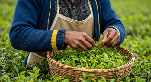 Tea plantation worker carefully selecting fresh green tea leaves in field