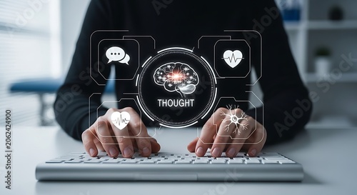 Person typing on keyboard accessing digital brain interface for mental health